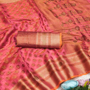 Stunning Pink Floral Weaving Banarasi Crushy Silk Saree With Stone Work & Tassel Pallu