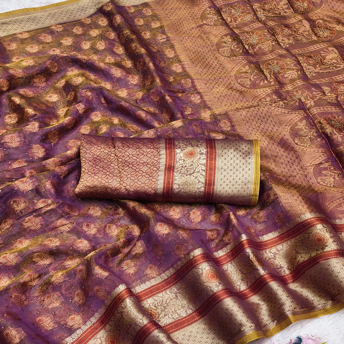 Stunning Purple Floral Weaving Banarasi Crushy Silk Saree With Stone Work & Tassel Pallu