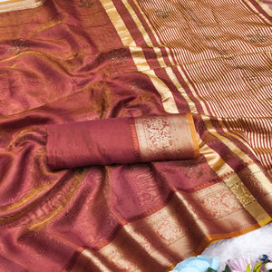 Exquisite Brick Red Floral Weaving Banarasi Crushy Silk Saree With Sparkling Stone Work