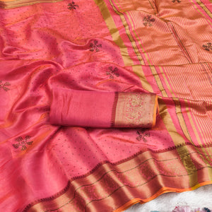 Exquisite Pink Floral Weaving Banarasi Crushy Silk Saree With Sparkling Stone Work