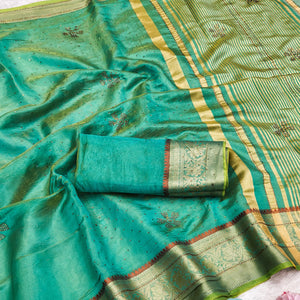 Exquisite Turquoise Floral Weaving Banarasi Crushy Silk Saree With Sparkling Stone Work