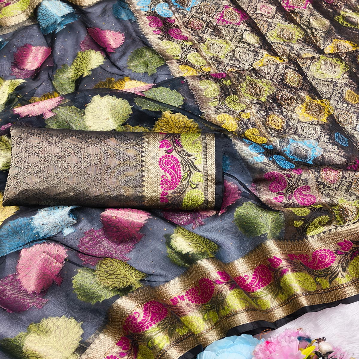 Graceful Blue Banarasi Silk Saree Enhanced With Tree Motif Zari Weaving & Stone Work