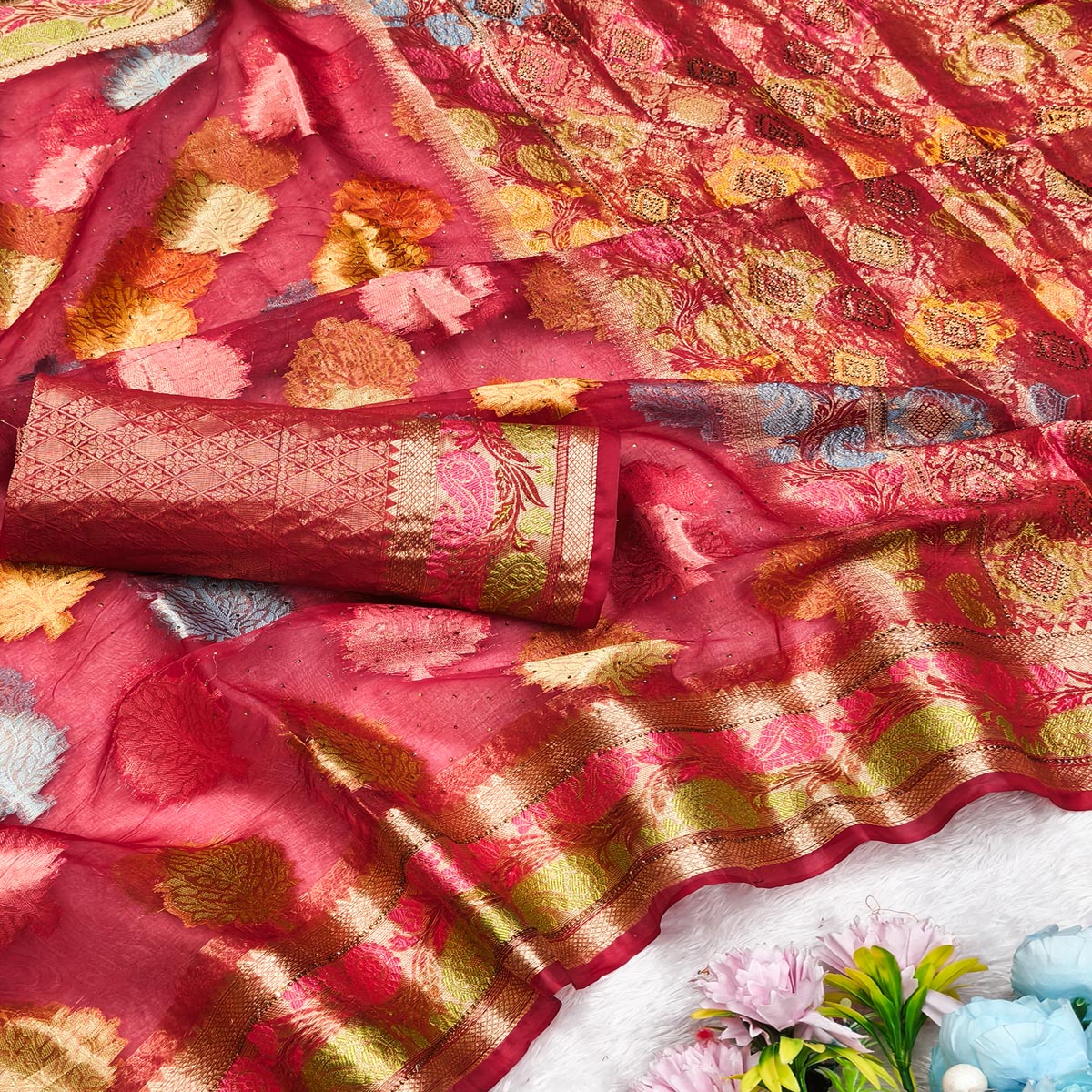 Graceful Cherry Red Banarasi Silk Saree Enhanced With Tree Motif Zari Weaving & Stone Work