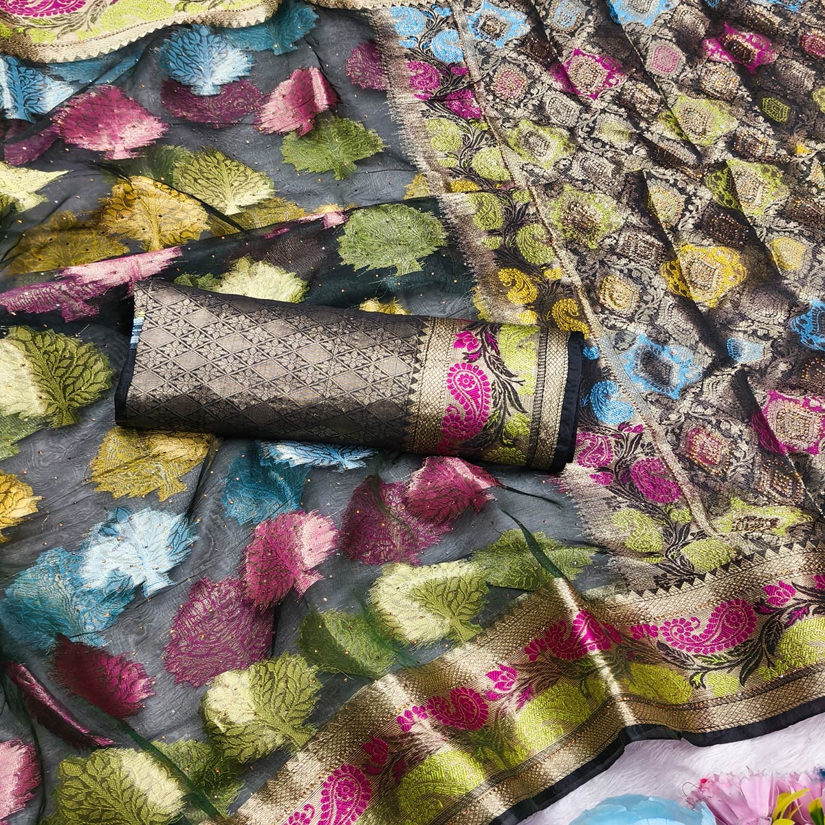 Graceful Green Banarasi Silk Saree Enhanced With Tree Motif Zari Weaving & Stone Work