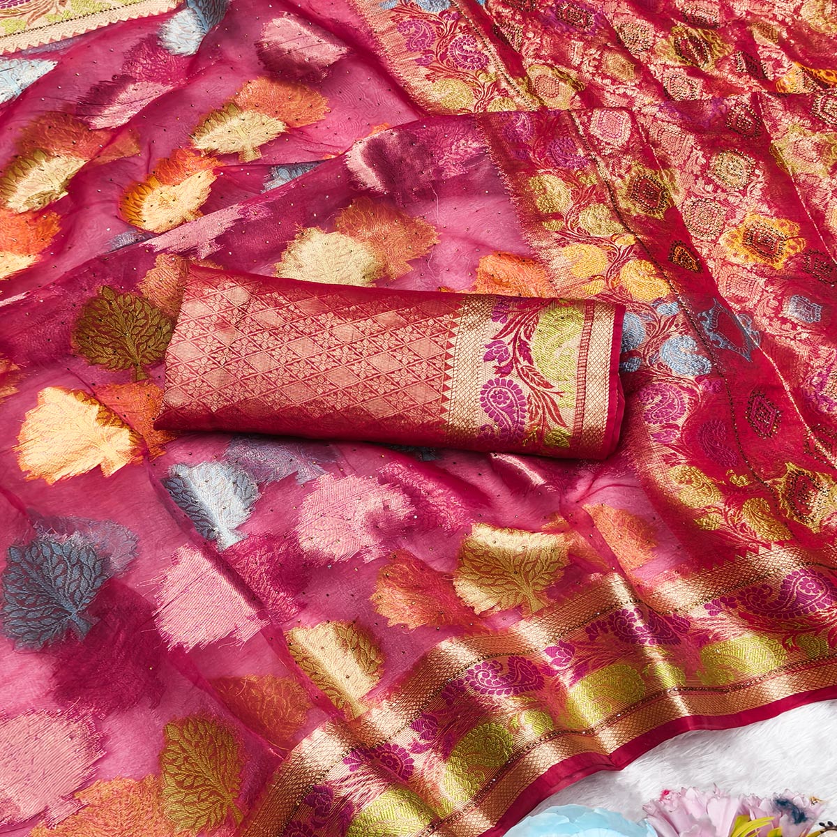 Graceful Rani Pink Banarasi Silk Saree Enhanced With Tree Motif Zari Weaving & Stone Work