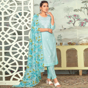 Blue Embroidered Pure Cotton Salwar Suit