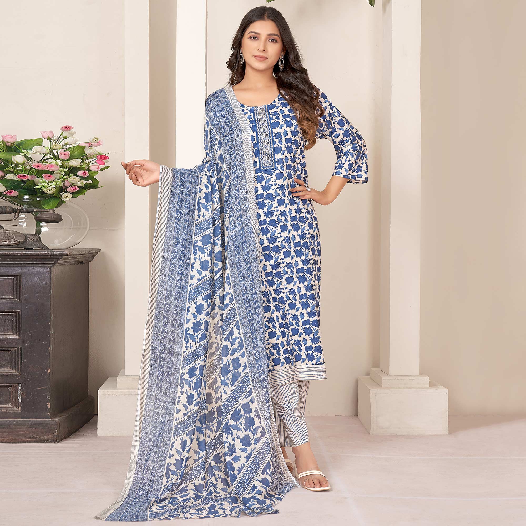 Blue Floral Printed Pure Cotton Salwar Suit