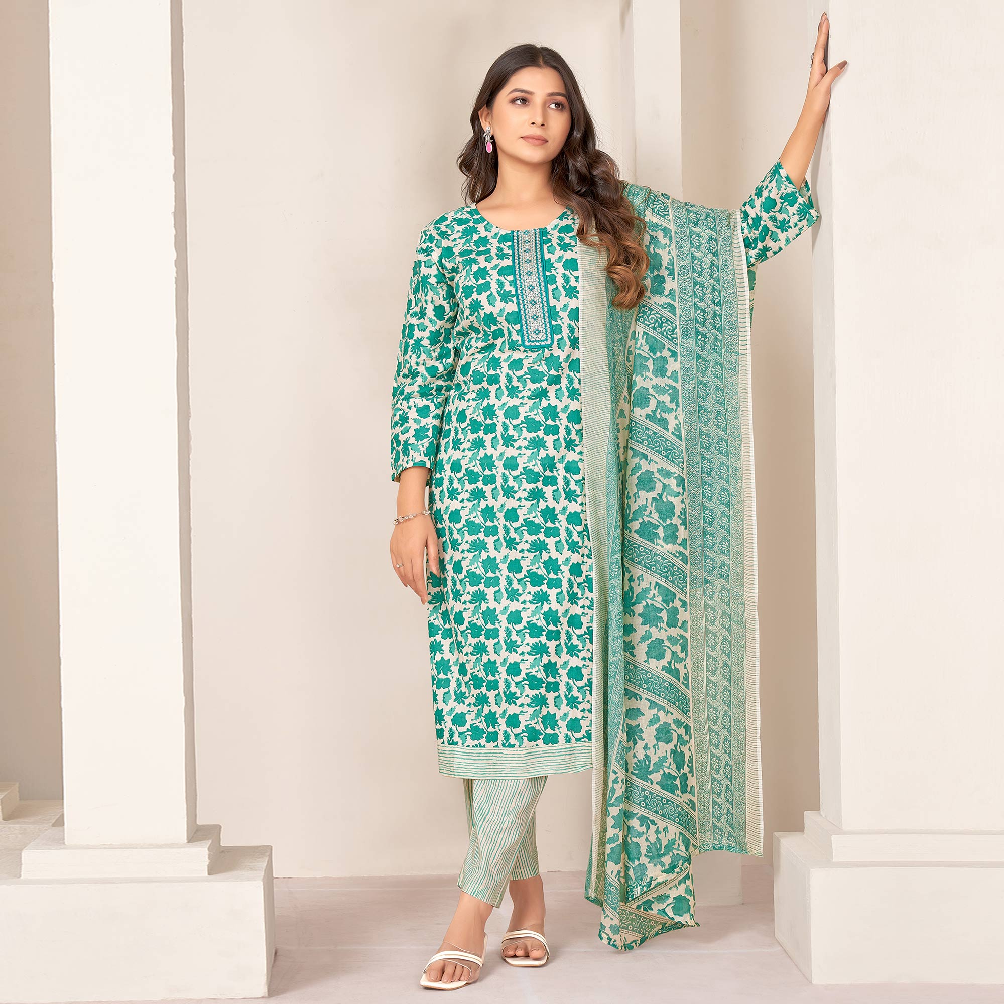 Rama Green Floral Printed Pure Cotton Salwar Suit