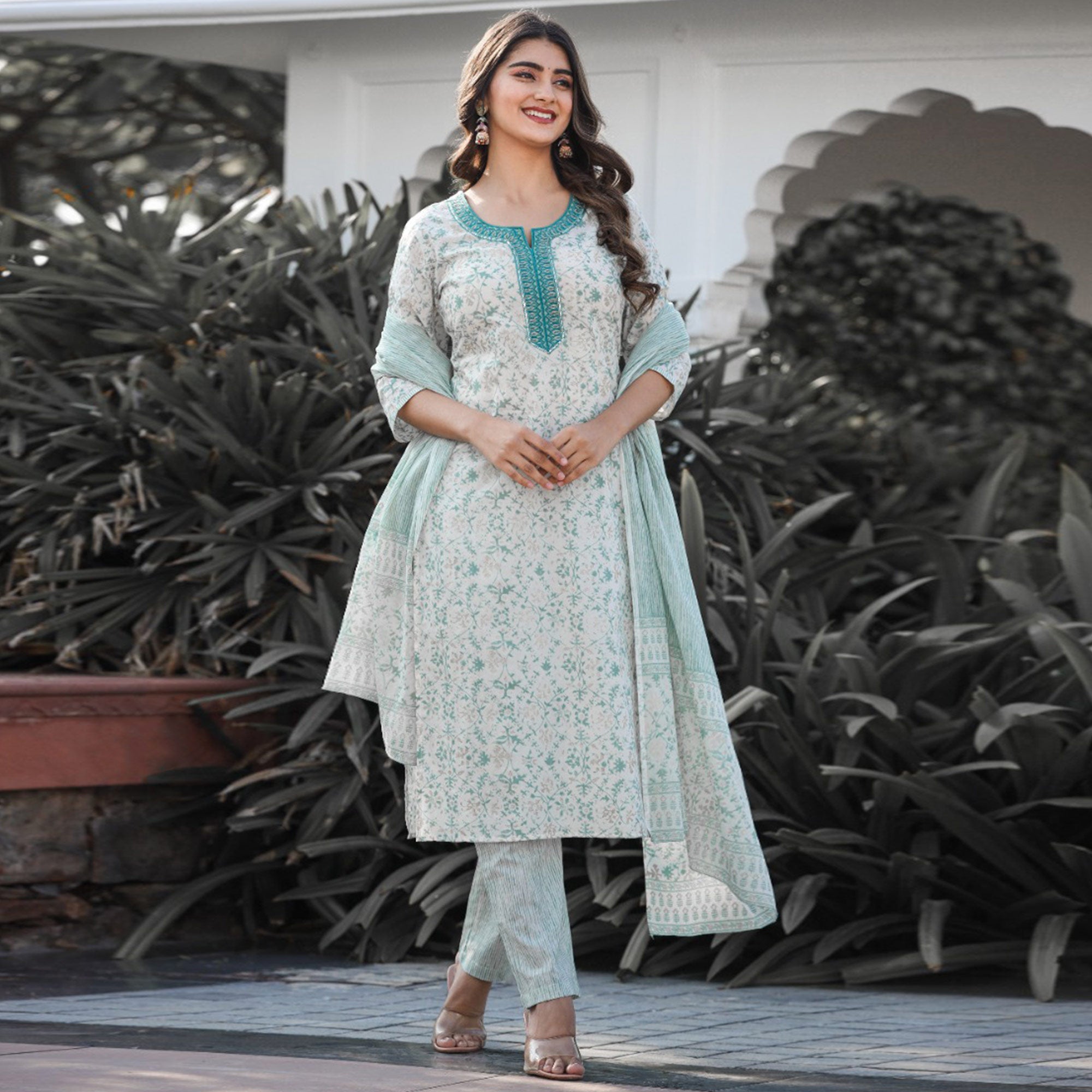 White And Green Jaipuri Printed Pure Cotton Suit