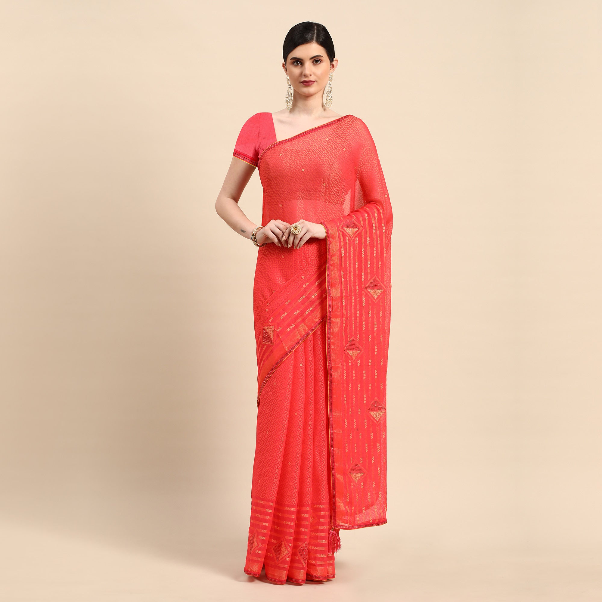 Pink Foil Printed With Swarovski Brasso Saree
