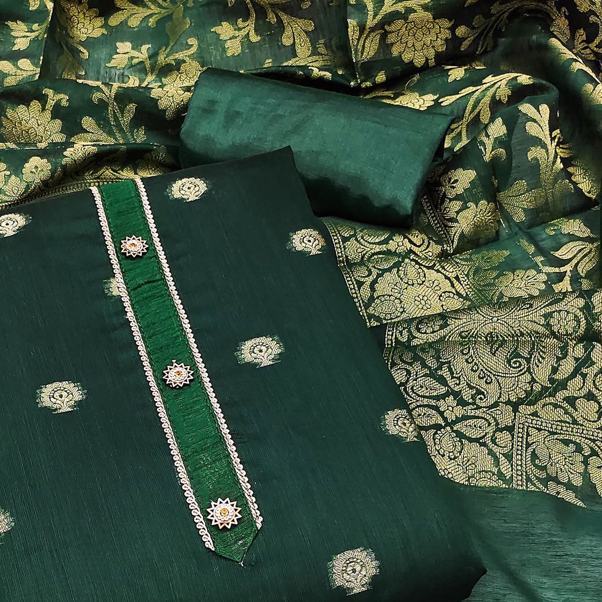 Green Floral Woven Banarasi Silk Dress Material