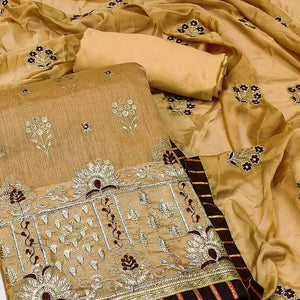 Chikoo Floral Printed With Embroidery Modal Dress Material