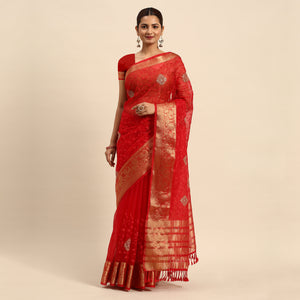 Red Floral Embroidered Organza Saree