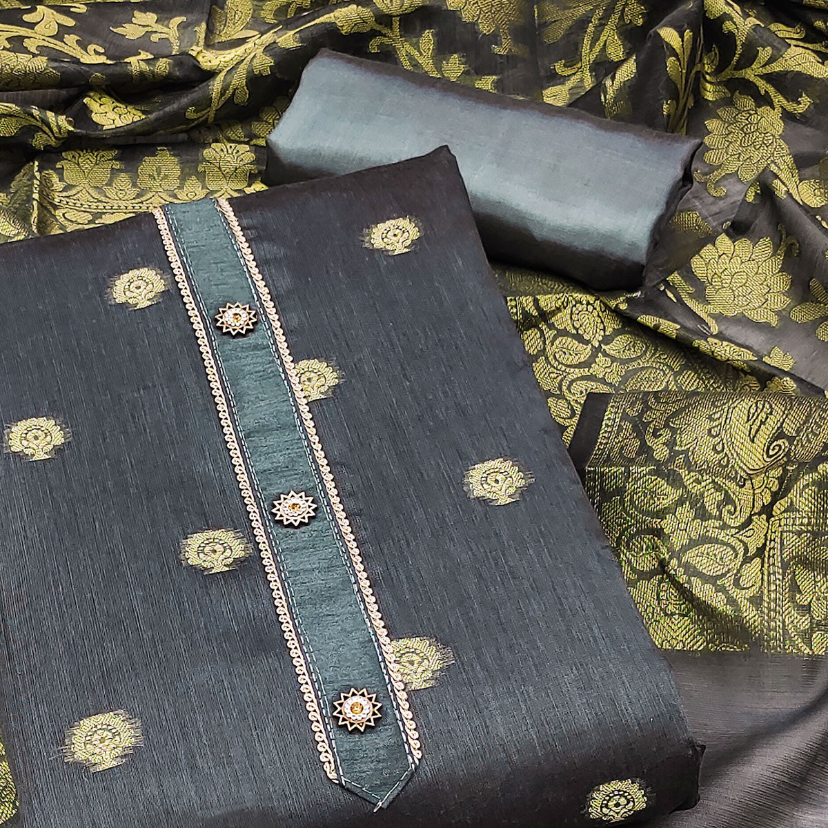 Grey Floral Woven Banarasi Silk Dress Material