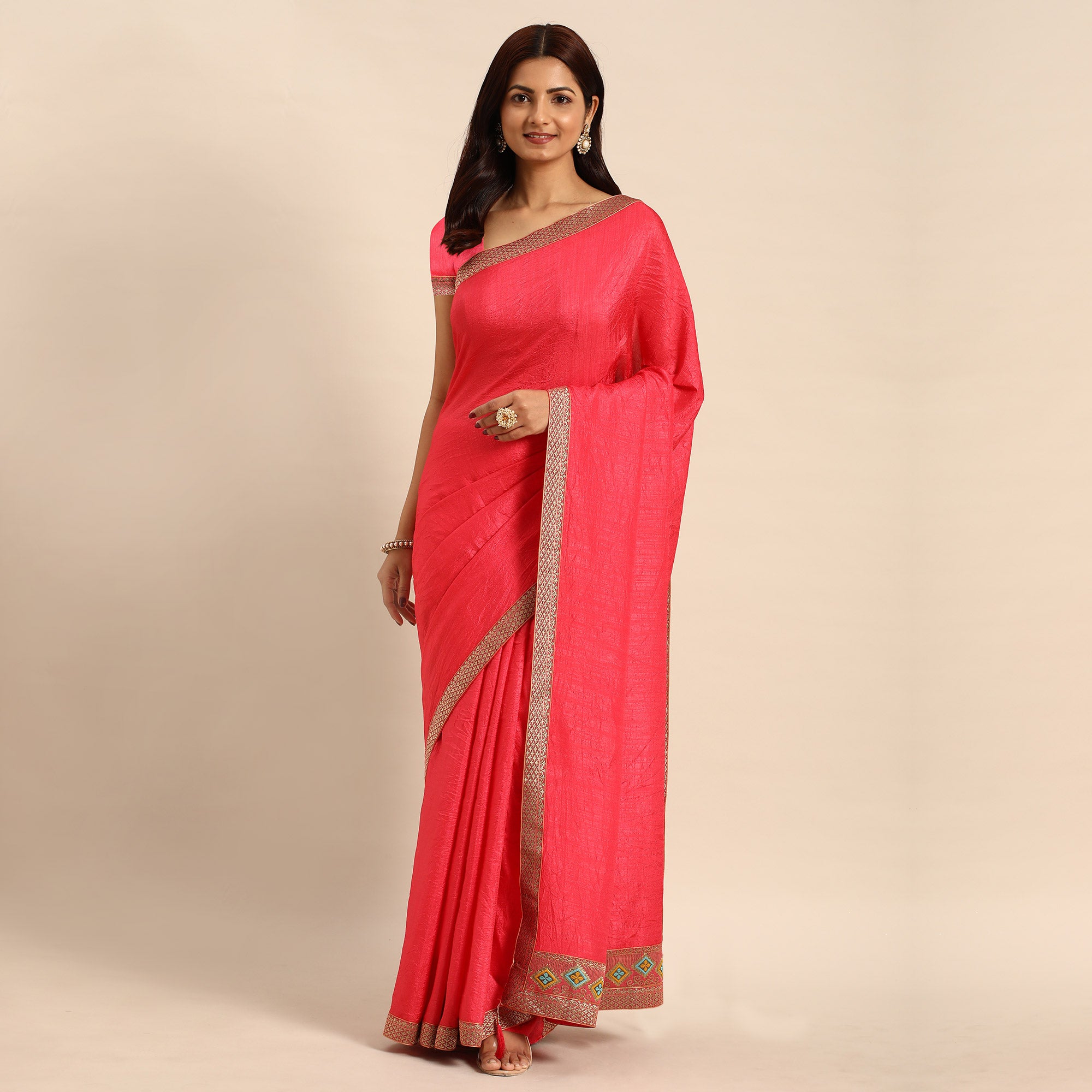Pink Solid Vichitra Silk Saree With Fancy Border