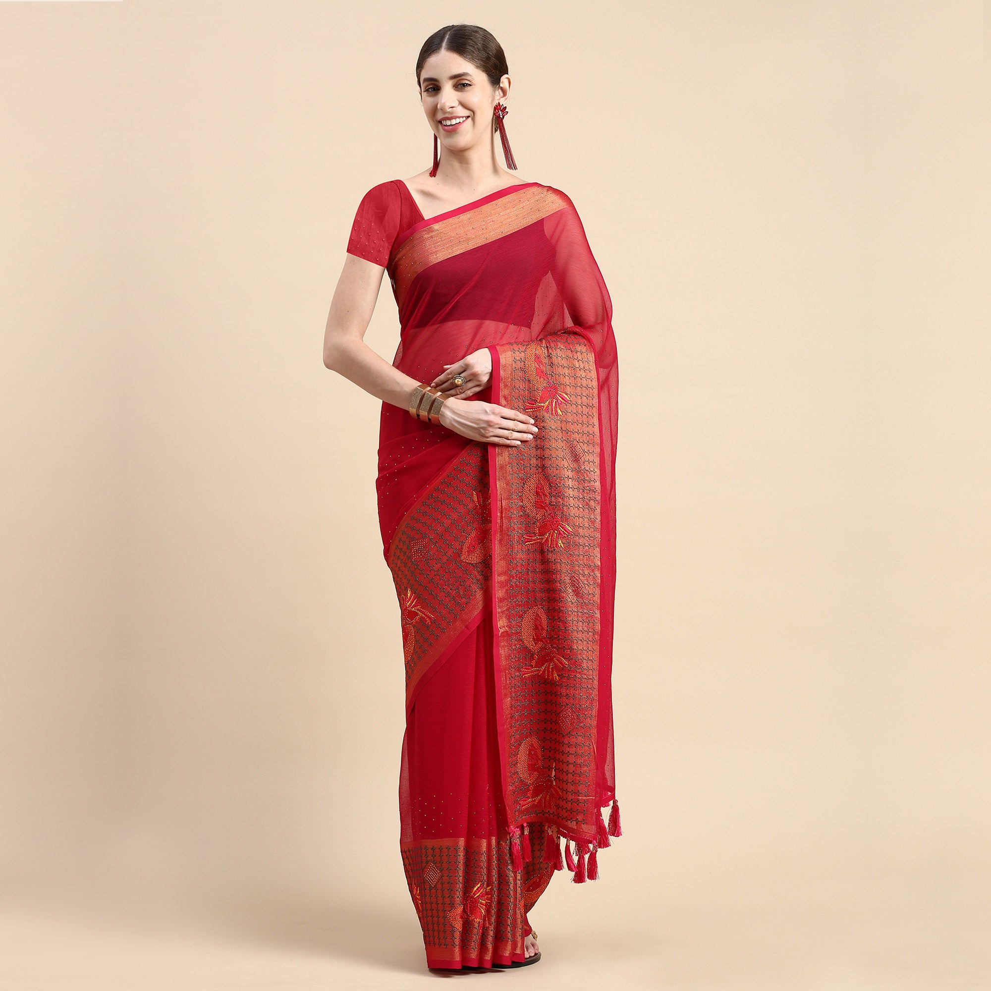 Magenta Purple Embroidered With Swarovski Work Viscose Saree