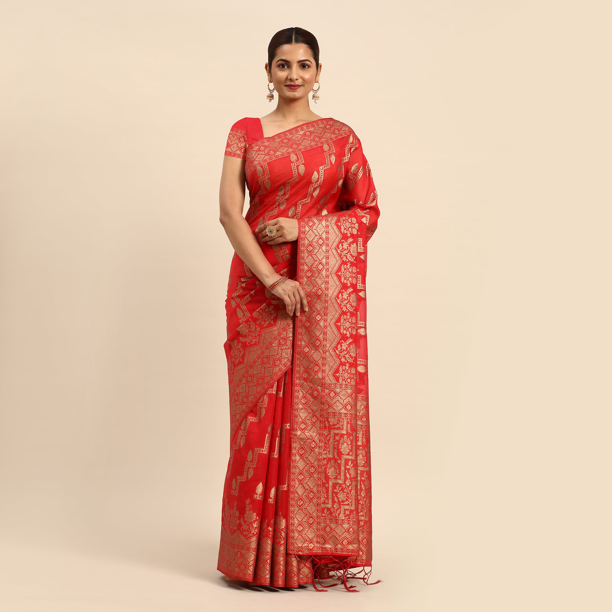 Red Floral Woven Organza Silk Saree With Tassels