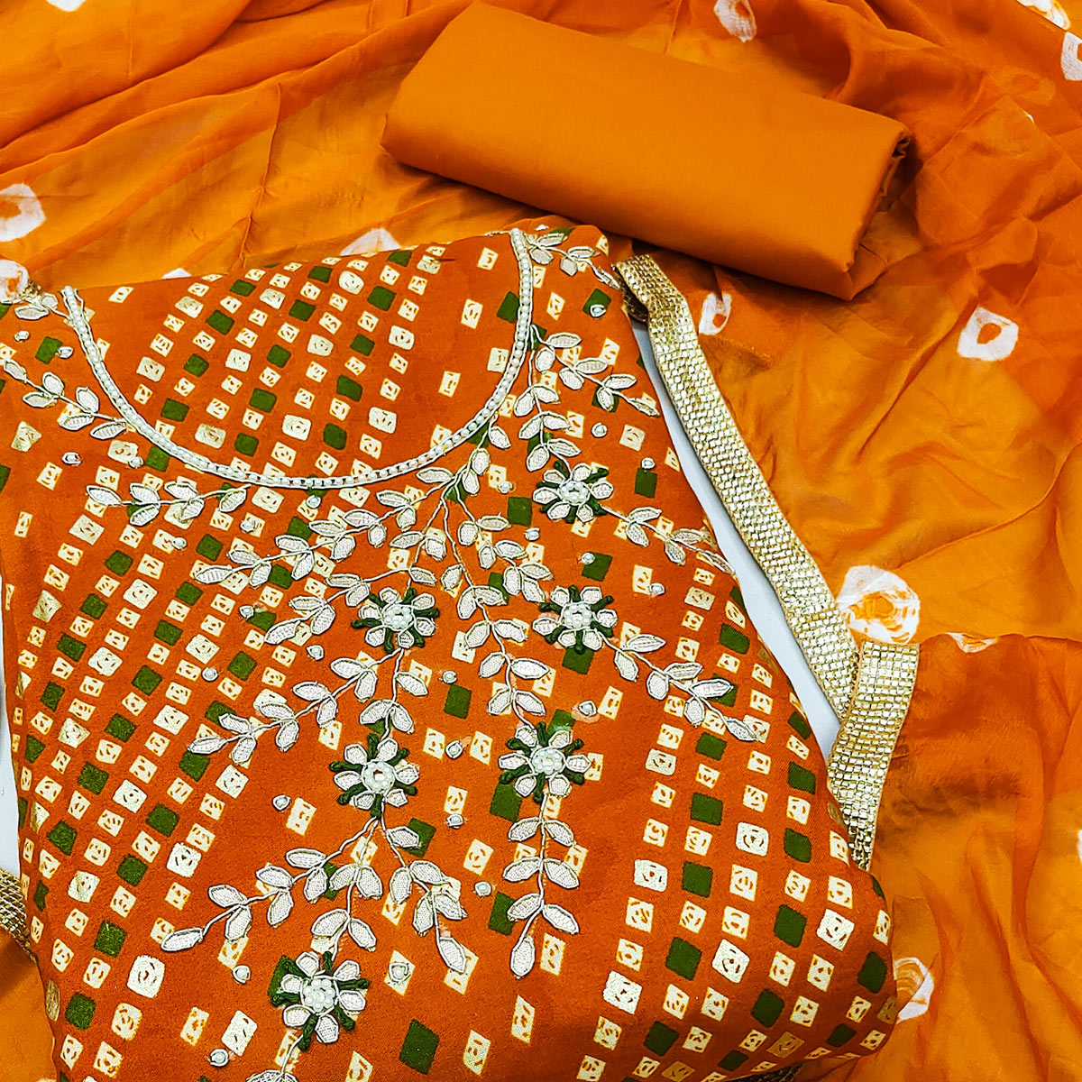 Mustard Printed With Handwork Pure Cotton Dress Material