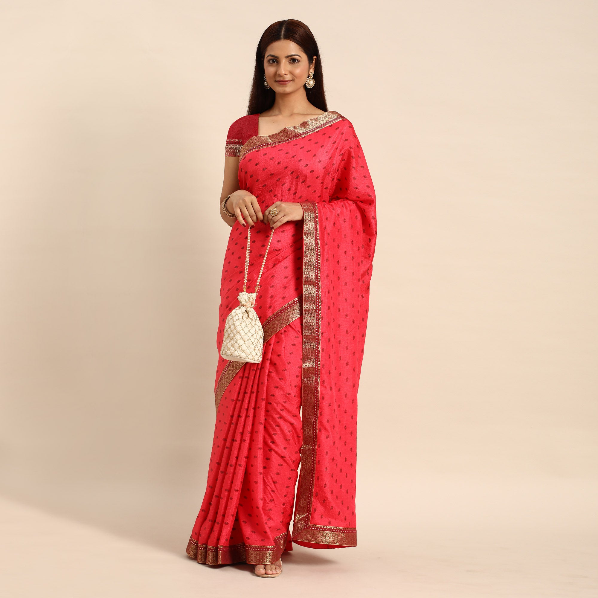 Pink Printed Vichitra Silk Saree