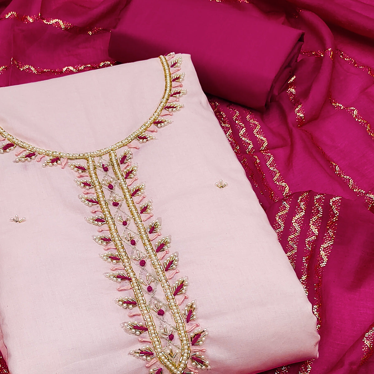 Pink Zardosi Moti Work Pure Cotton Dress Material
