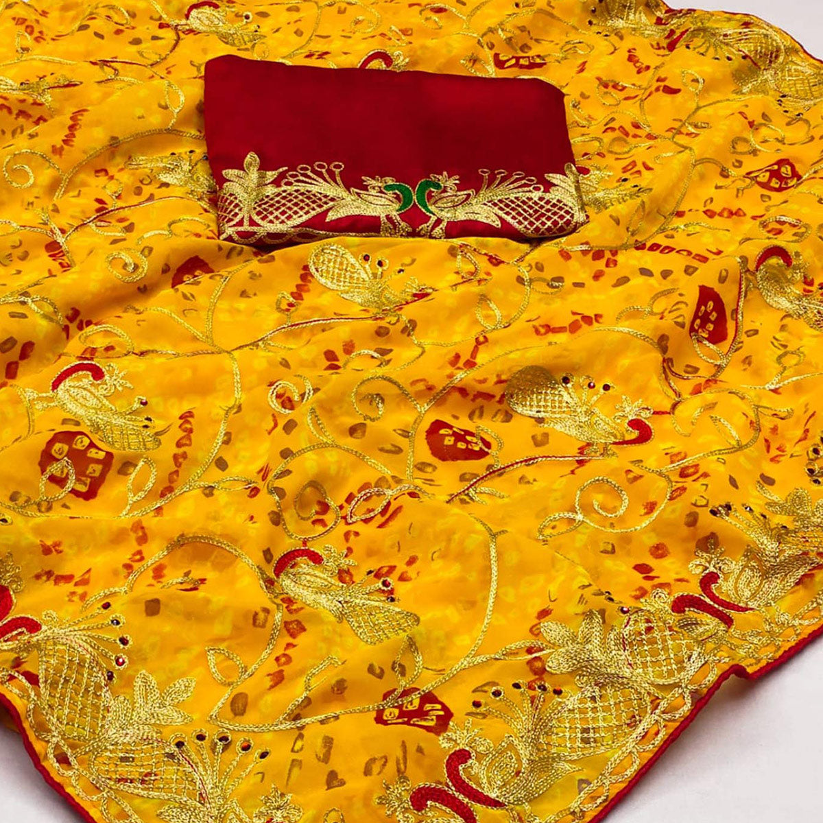 Yellow Bandhani Printed With Embroidered Georgette Saree