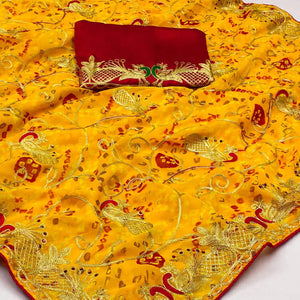 Yellow Bandhani Printed With Embroidered Georgette Saree