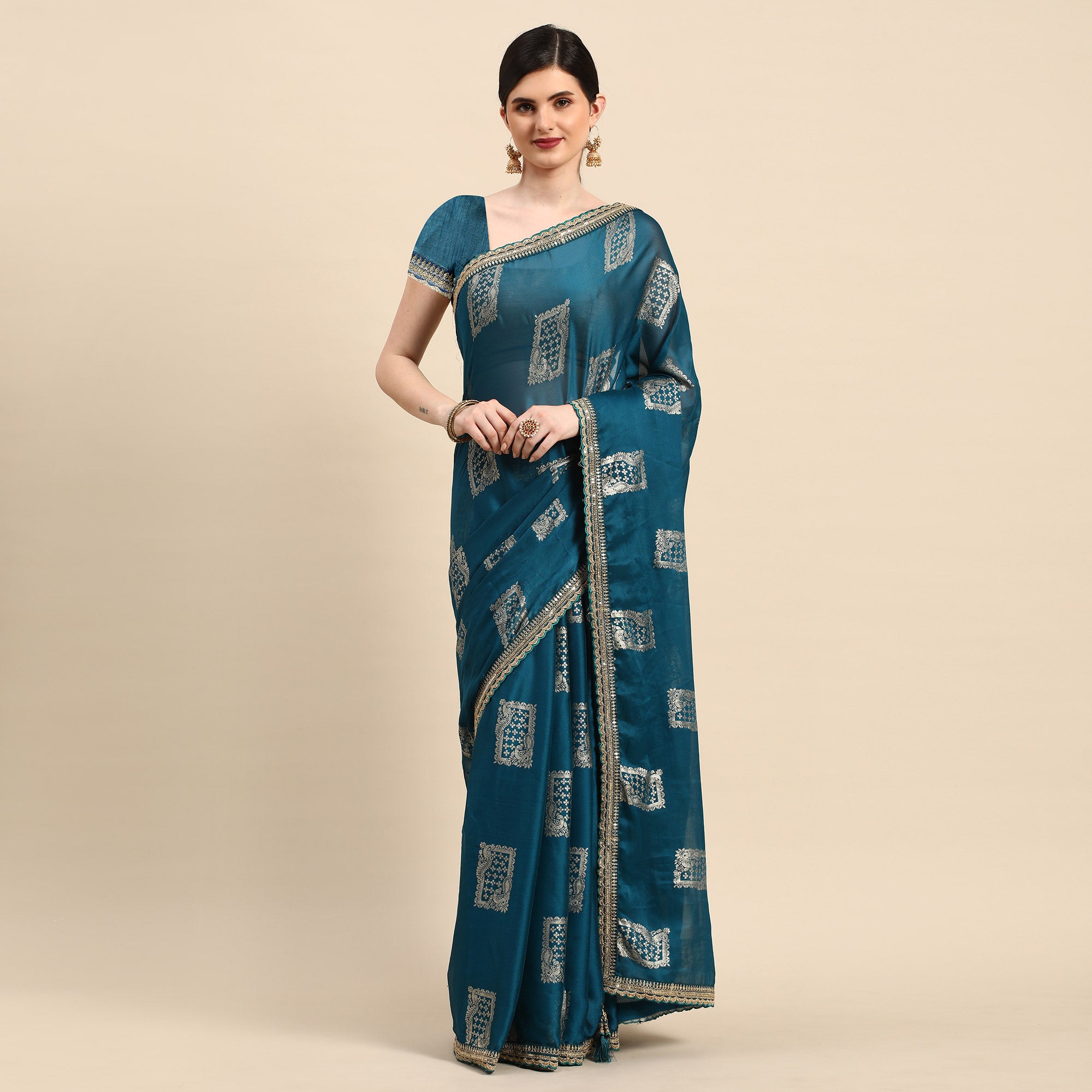 Blue Foil Printed With Embroidered Border Chiffon Saree