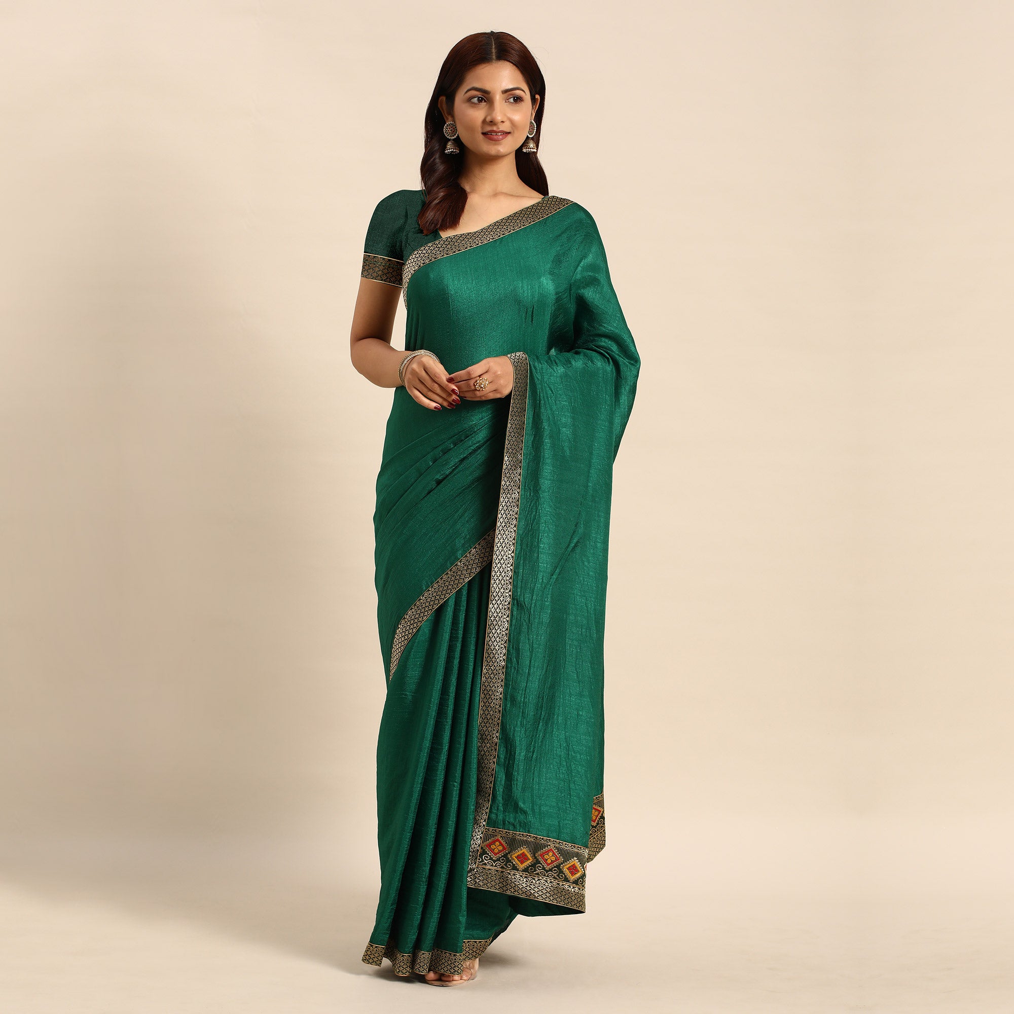 Green Solid Vichitra Silk Saree With Fancy Border