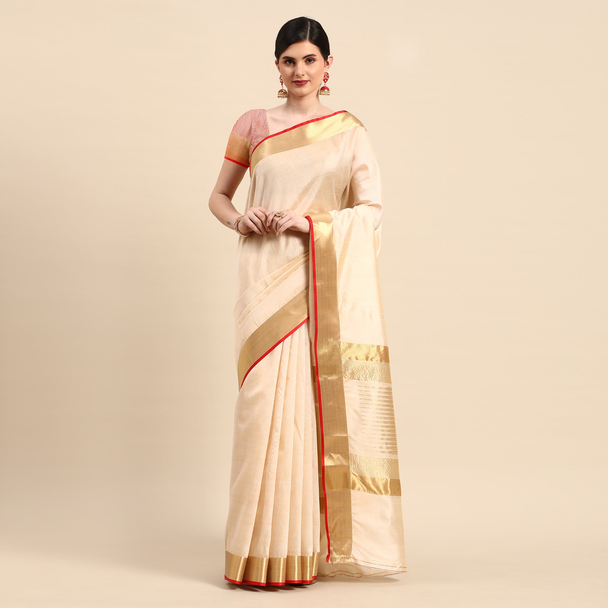 Beige Woven Zari Cotton Silk Saree