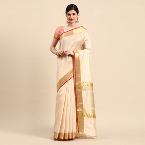 Beige Woven Zari Cotton Silk Saree