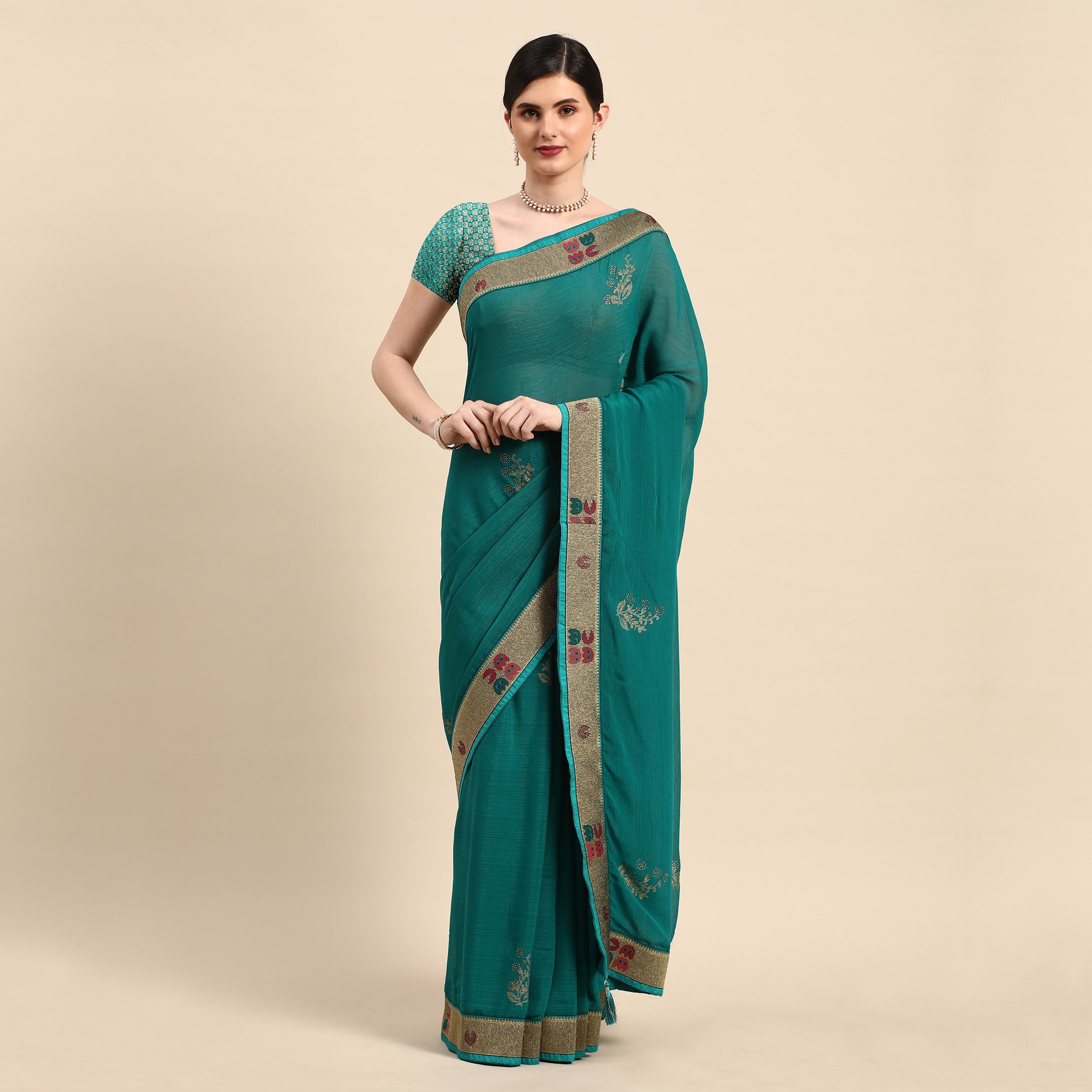 Turquoise Green Foil Printed With Swarovski Zomato Silk Saree