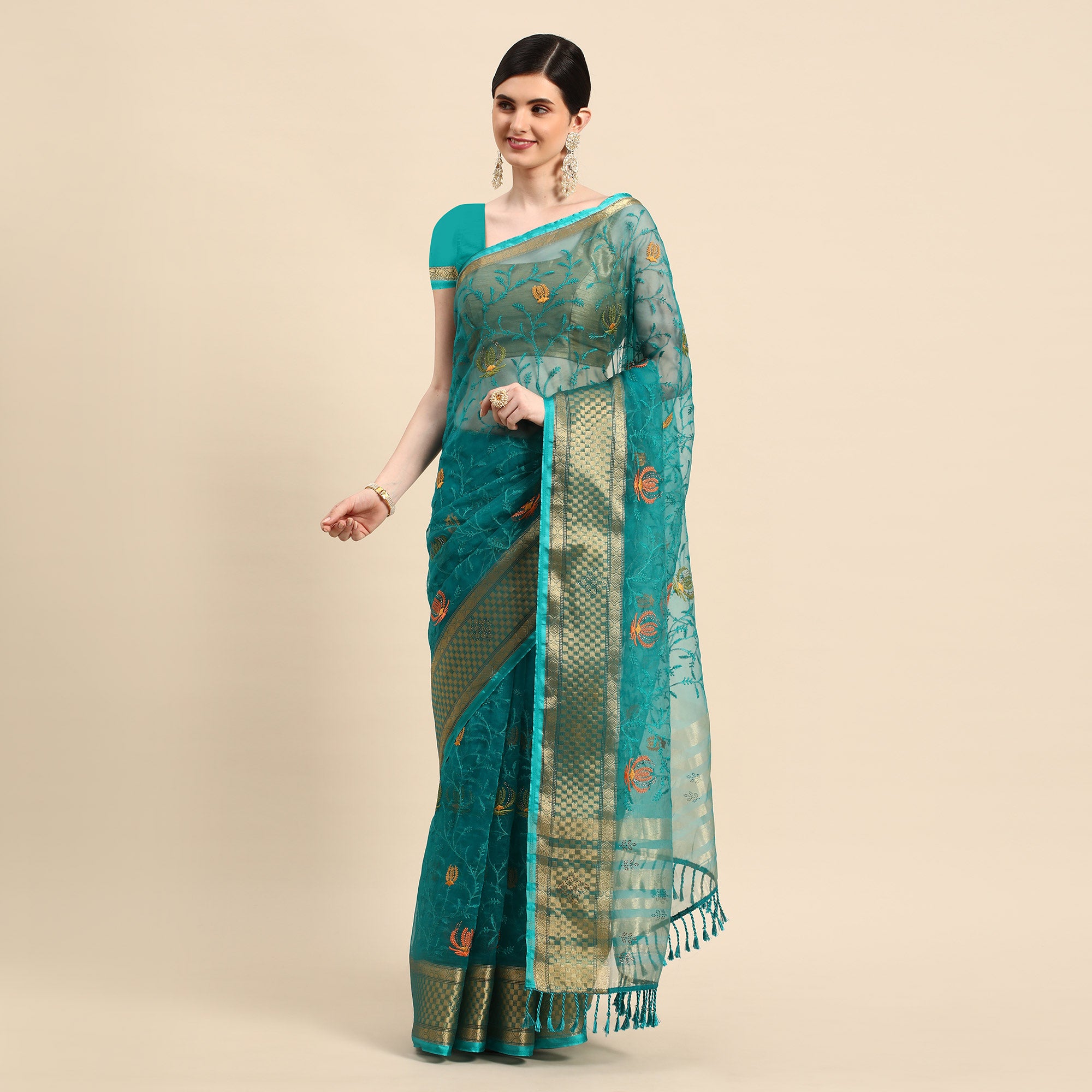 Turquoise Floral Embroidered Organza Saree