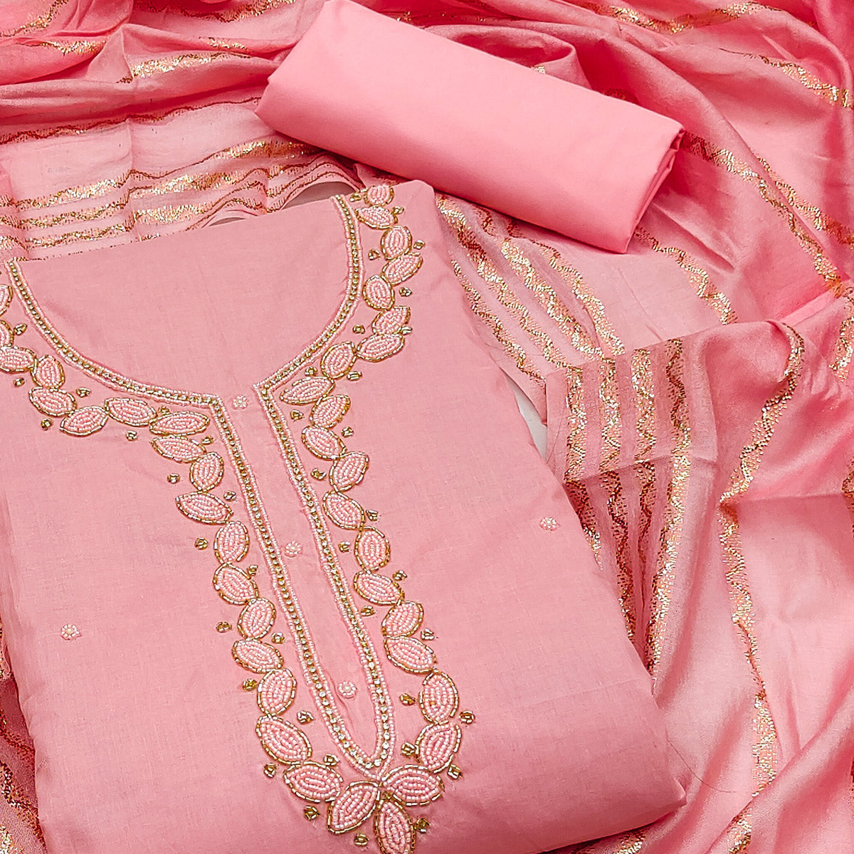 Peach Zardosi Moti Work Pure Cotton Dress Material