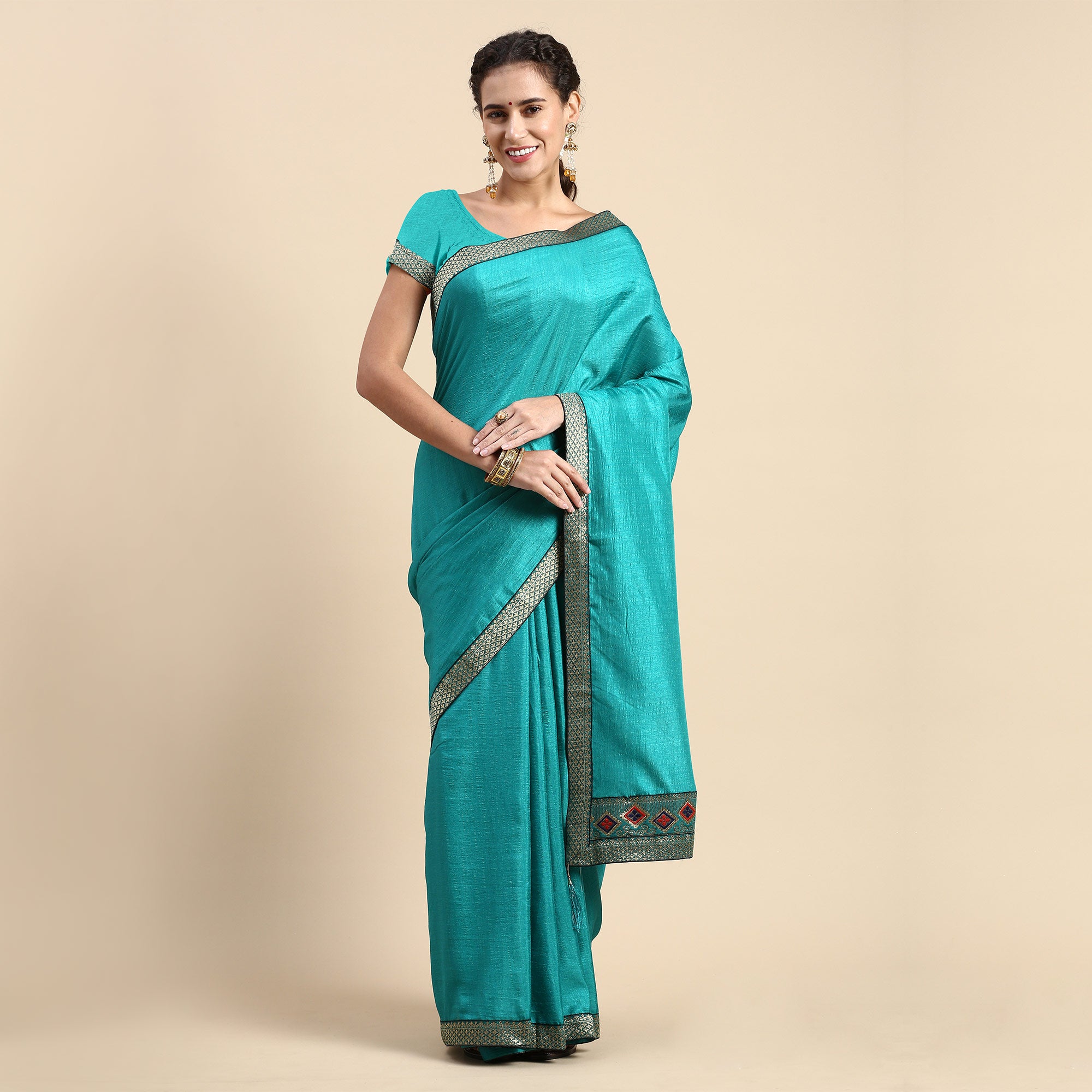 Turquoise Blue Solid Vichitra Silk Saree With Fancy Border