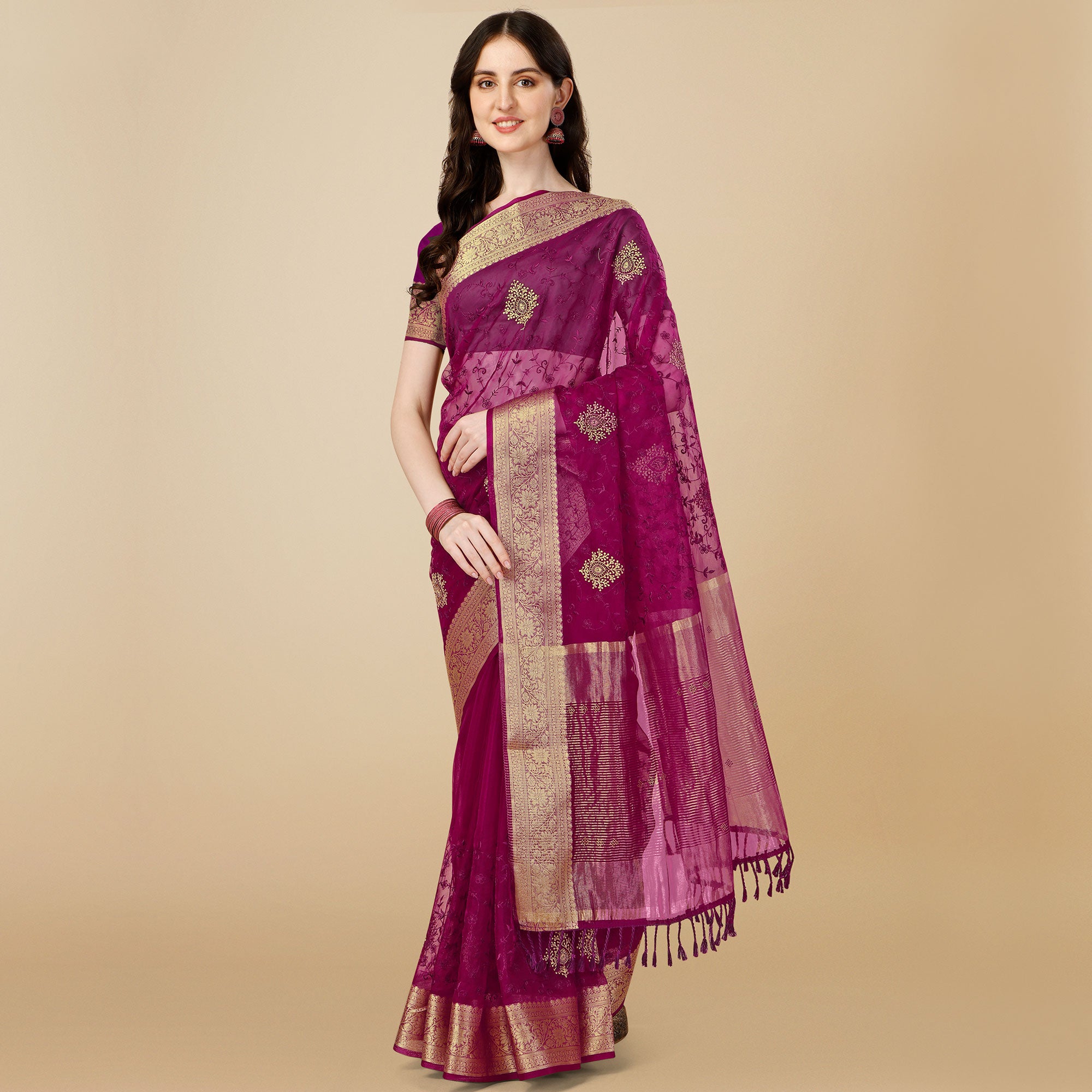 Purple Floral Embroidered Organza Saree