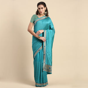Blue Foil Printed With Swarovski Vichitra Silk Saree