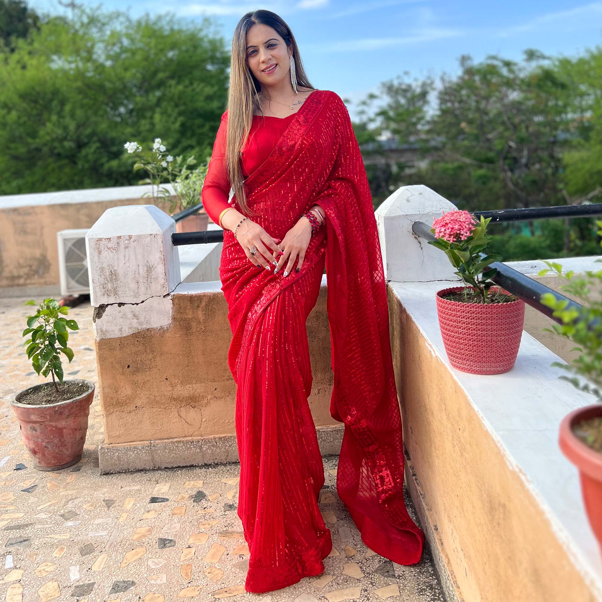 Red Sequins Embroidered Georgette Saree