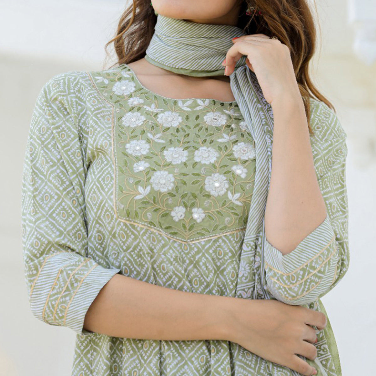 Green Printed With Embroidered Pure Cotton Anarkali Suit