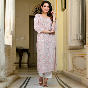 Pink & White Floral Printed Pure Cotton Kurti