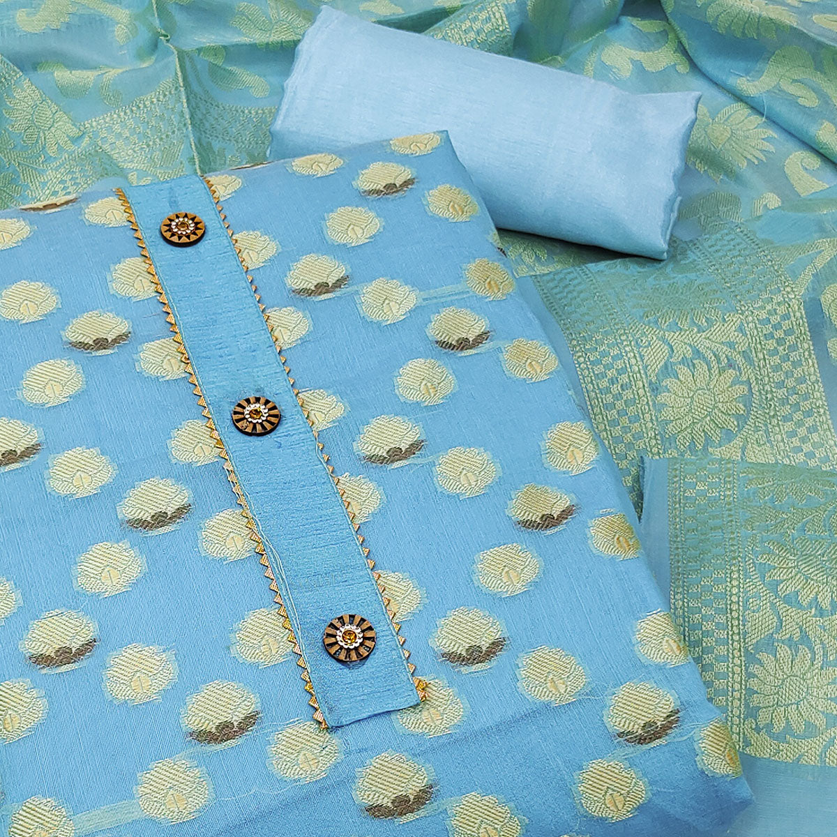Blue Woven Banarasi Silk Dress Material
