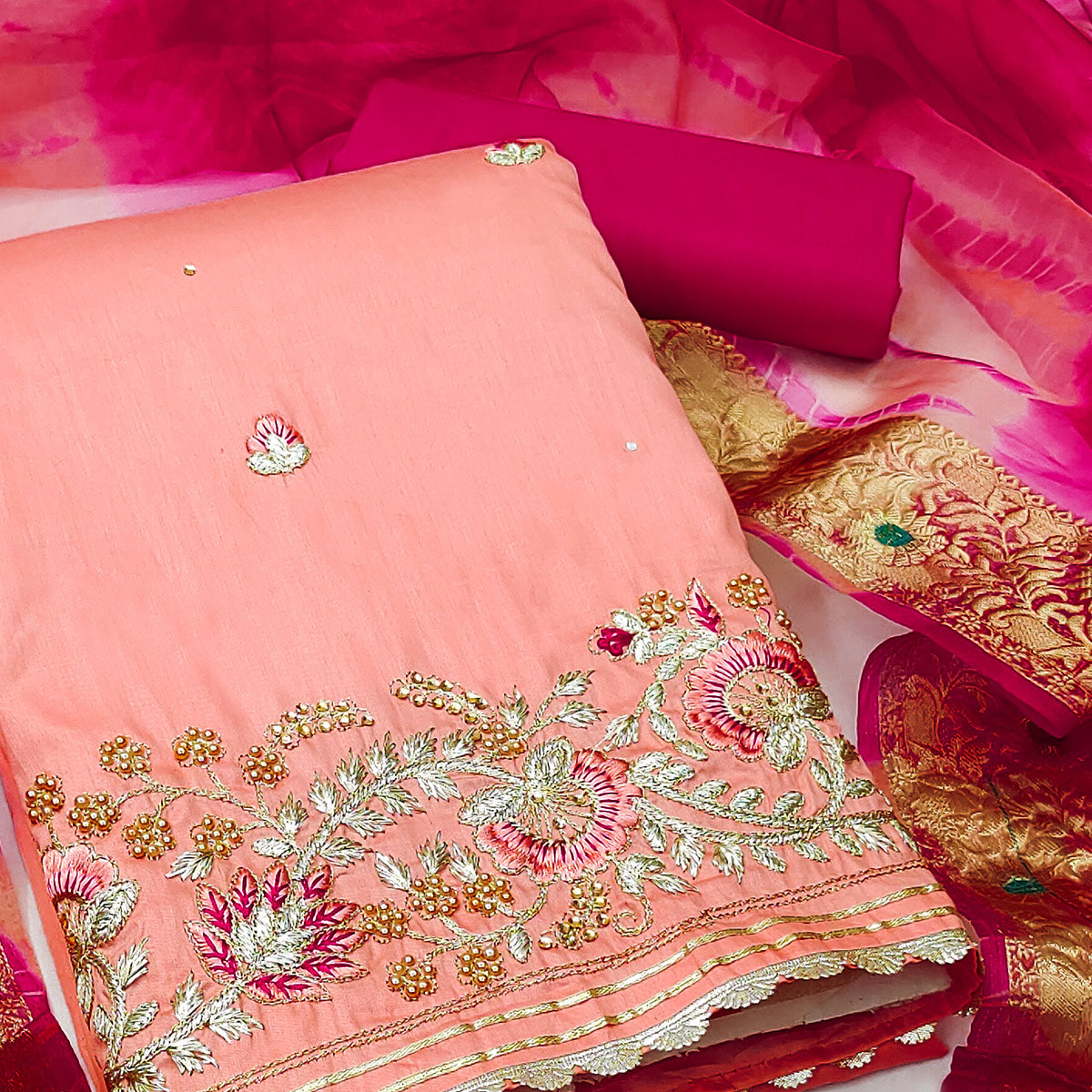 Peach Floral Embroidered Pure Cotton Dress Material