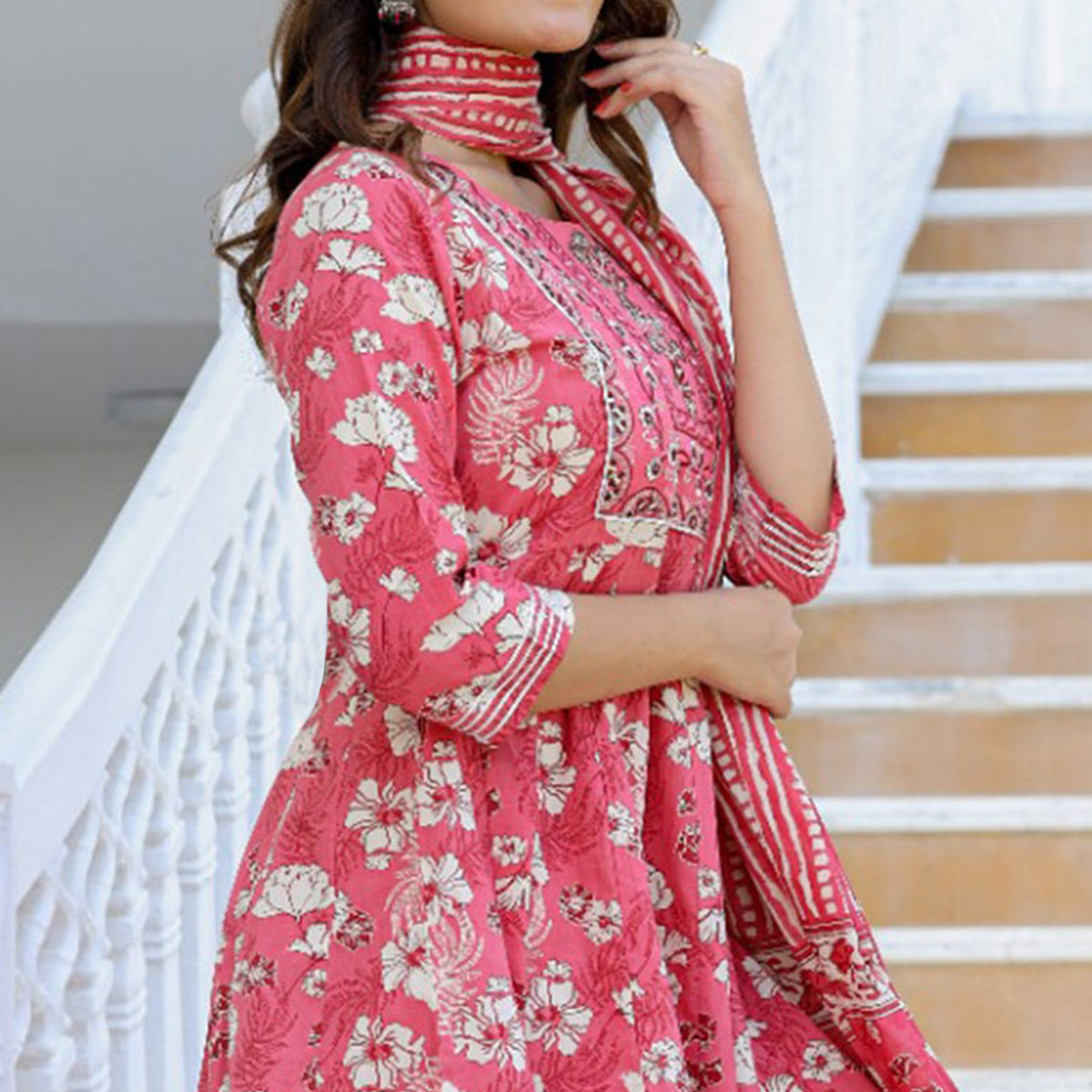 Persian Red Printed With Embroidered Pure Cotton Anarkali Suit