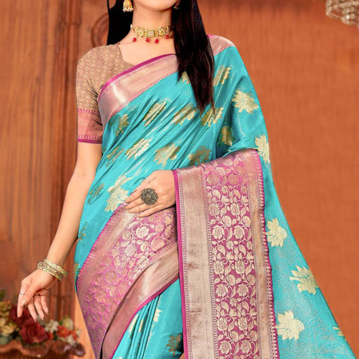 Blue Floral Woven Art Silk Saree With Tassels