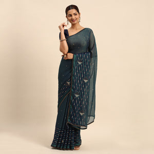 Blue Foil Printed With Swarovski Brasso Saree