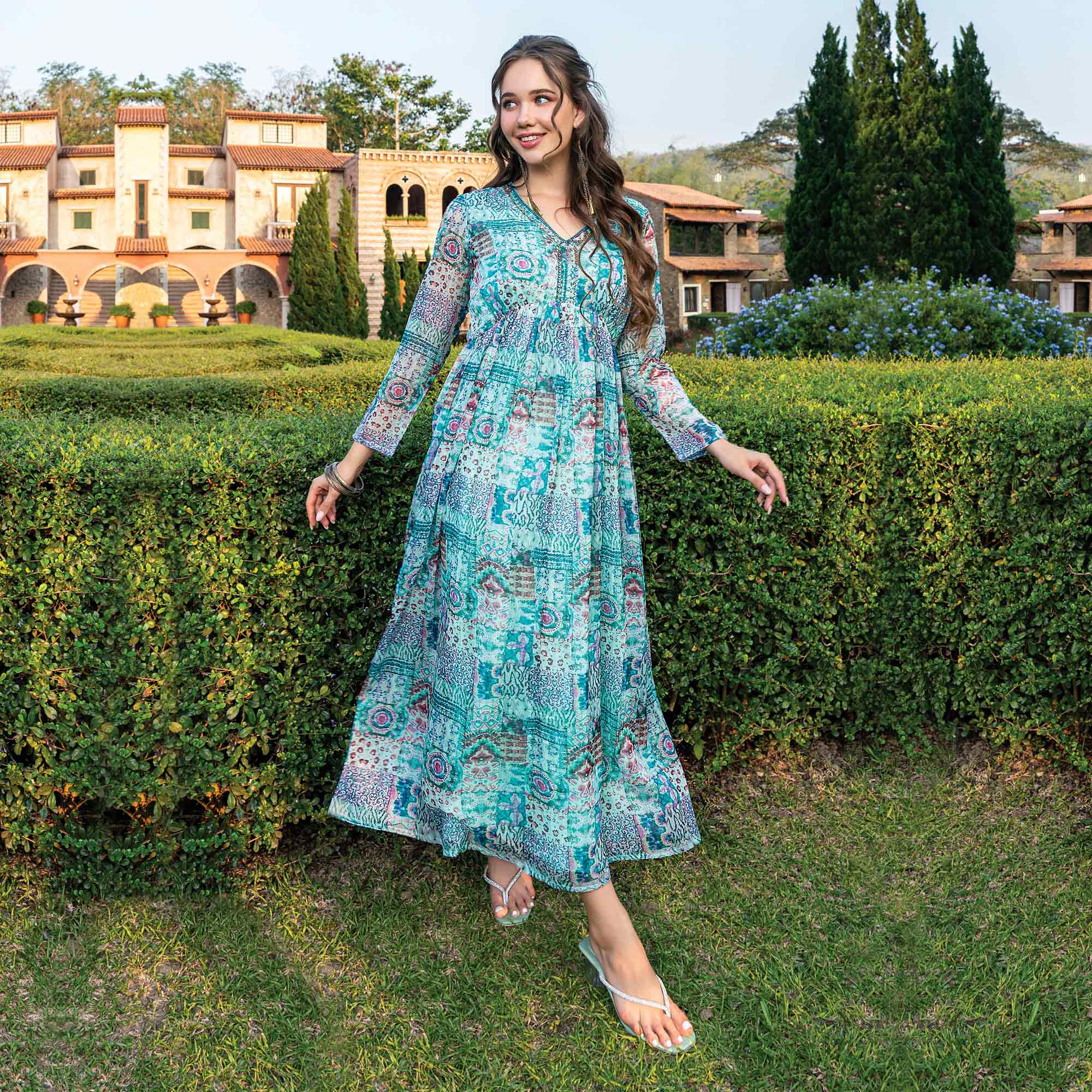 Turquoise Green Printed With Handwork Chiffon Dress