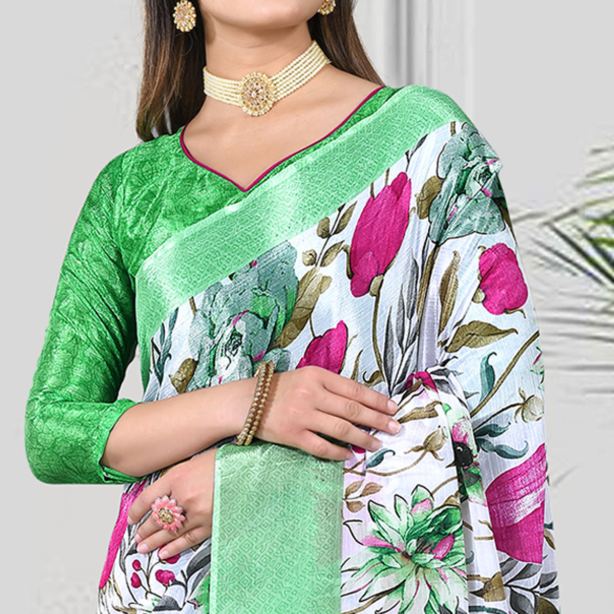 White & Green Floral Printed Chiffon Saree