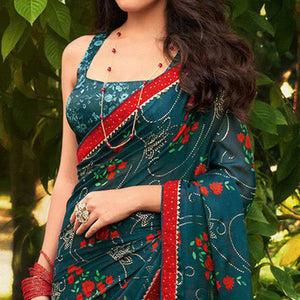 Teal Blue Floral Foil Printed Chiffon Saree