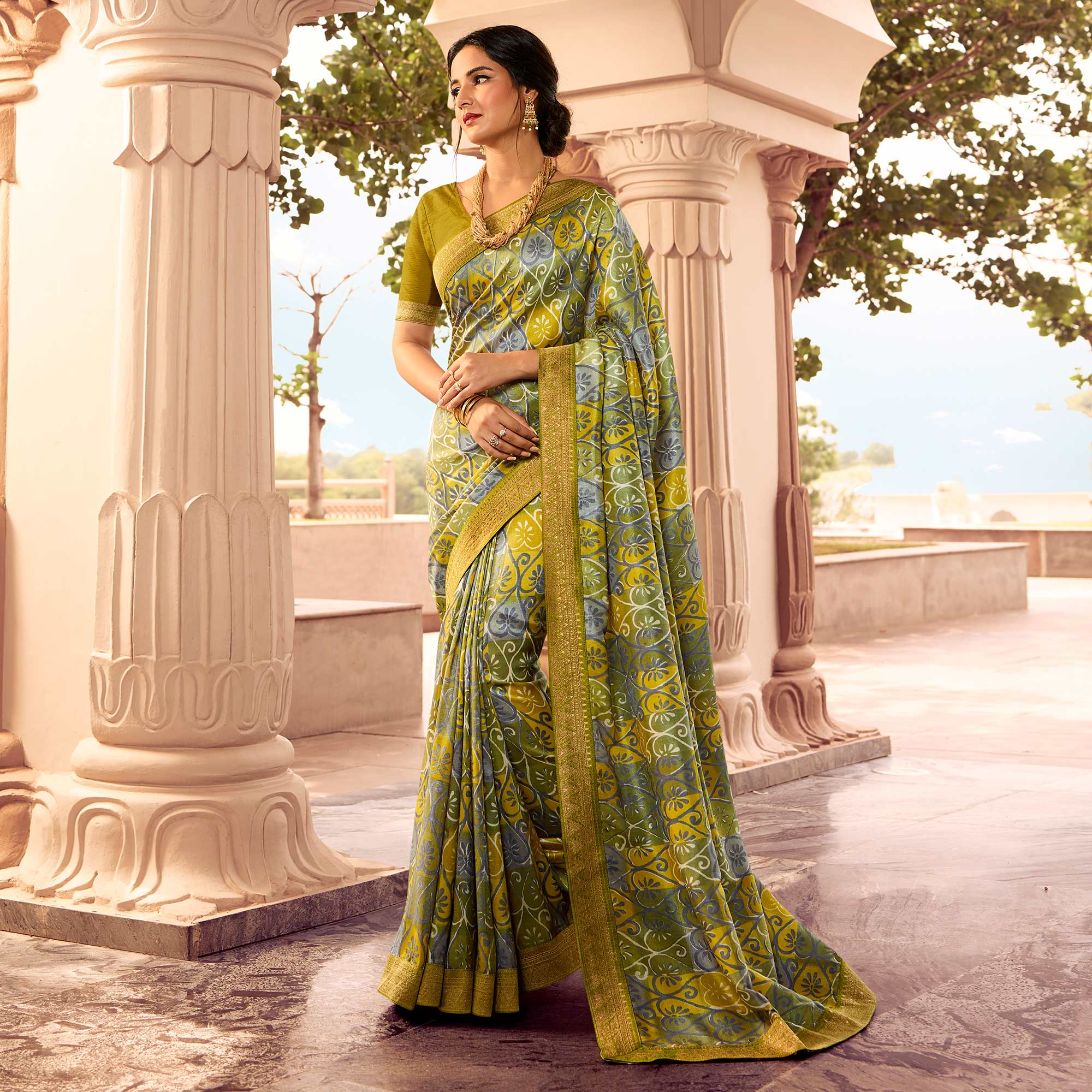 Olive Green Printed Art Silk Saree