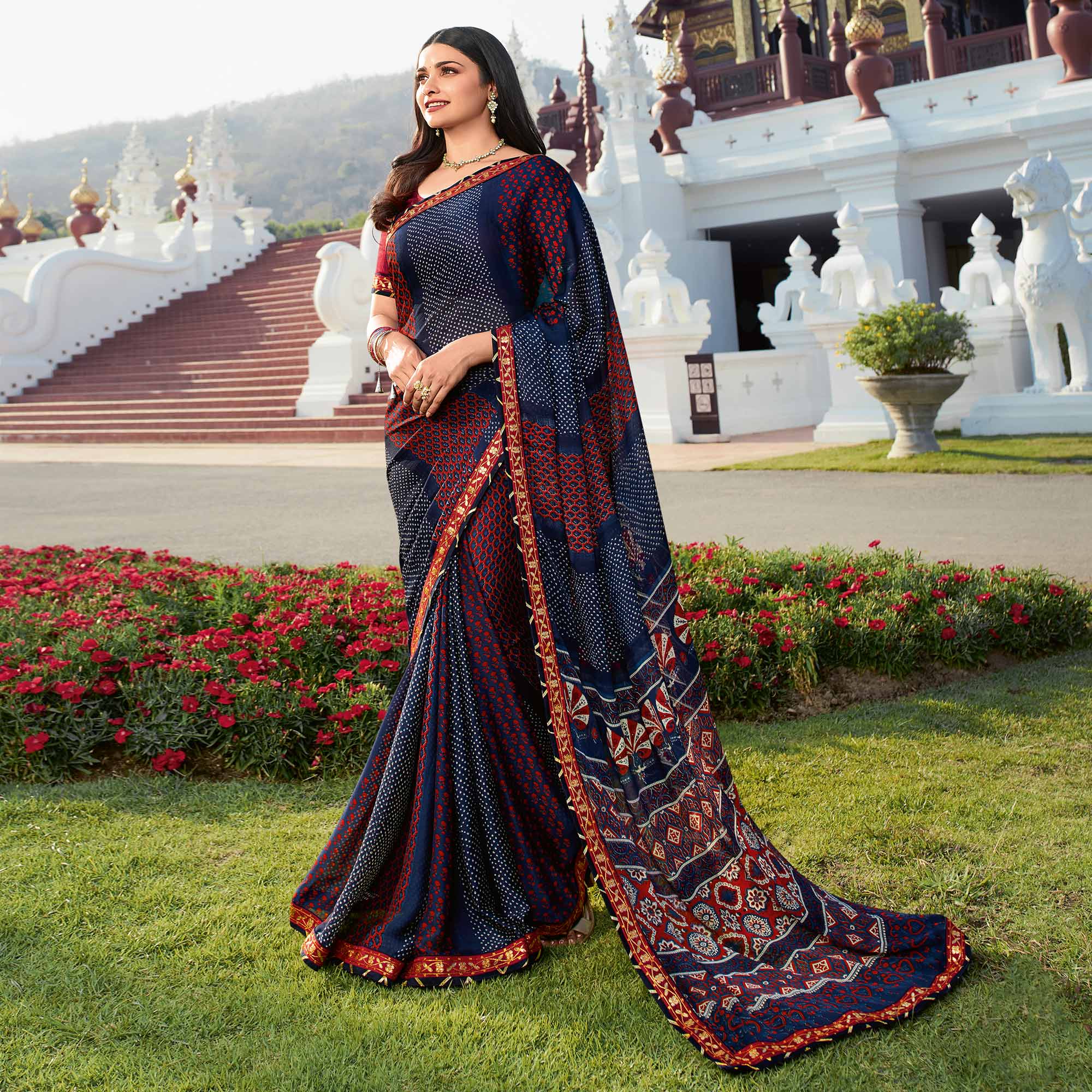 Blue Bandhani Printed Chiffon Saree