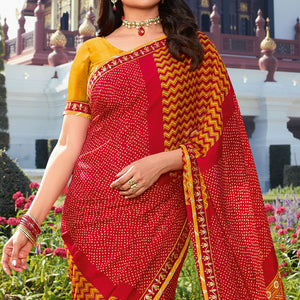 Red Bandhani Printed Chiffon Saree